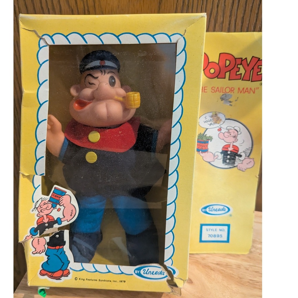 Vintage 1979 Popeye the Sailor Man Doll Vinyl Soft Body Figure Box 7.5" Uneeda